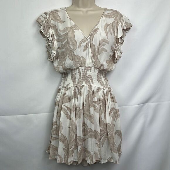 Elan Tan and white tropical print smocked waist wrap top mini dress NWT size XS - Picture 5 of 16
